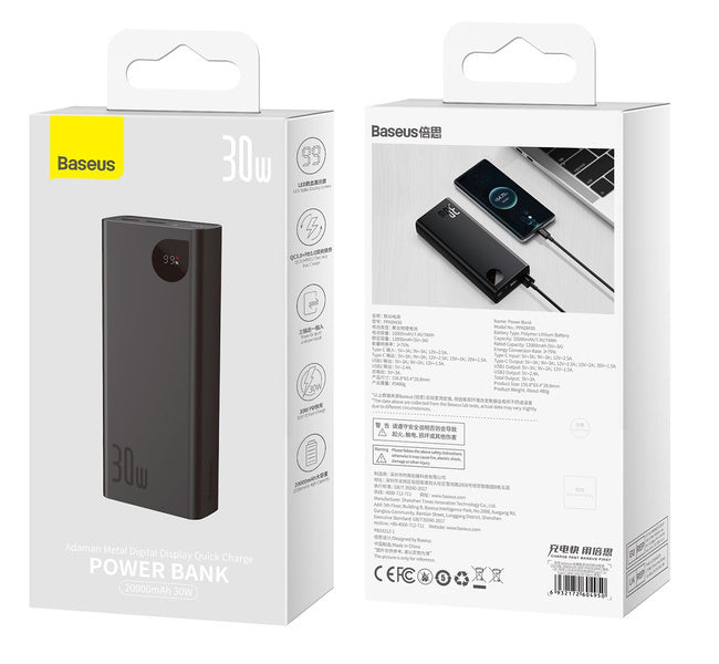 Baseus Adaman Metal Digital Display Fast charge Power Bank 20000mAh 30W(2021 Editon)( Baseus Mini White charging cable Type-C to type-c 60W(20V/3A) 50cm)