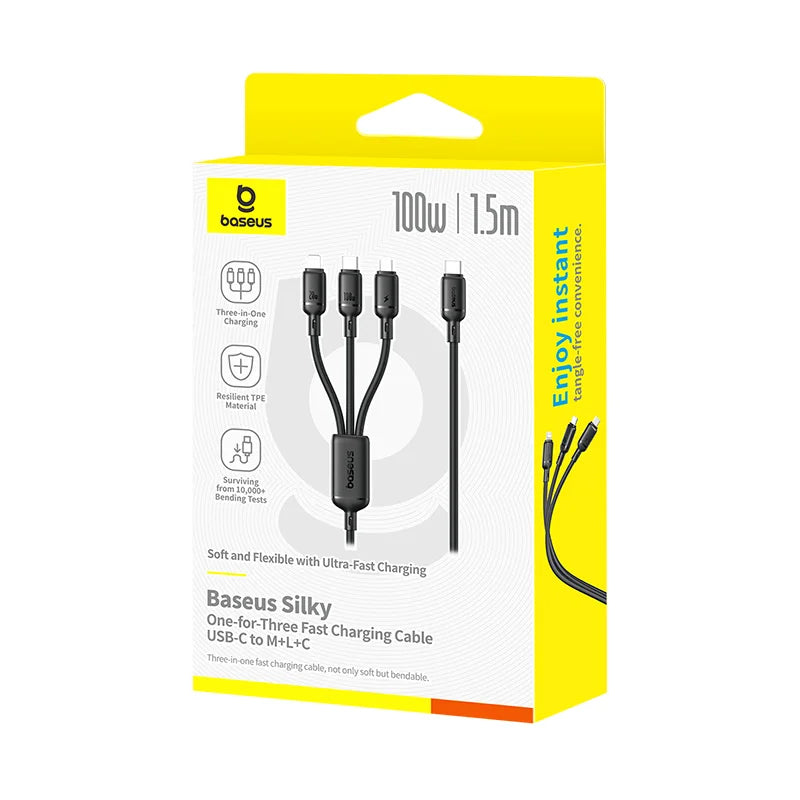 Baseus Silky One-for-Three Fast Charging Cable USB-C to M+L+C 100W 1.5m Cosmic Black