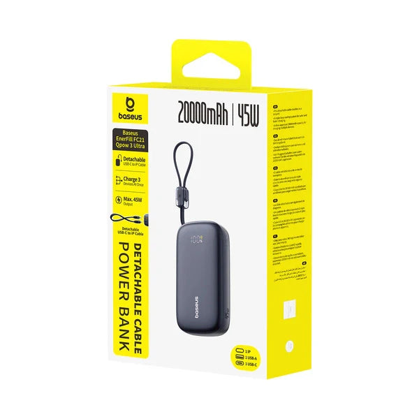 Baseus EnerFill FC21 Qpow 3 Ultra Digital Display Power Bank with Detachable Cable 20000mAh 45W Cosmic Black