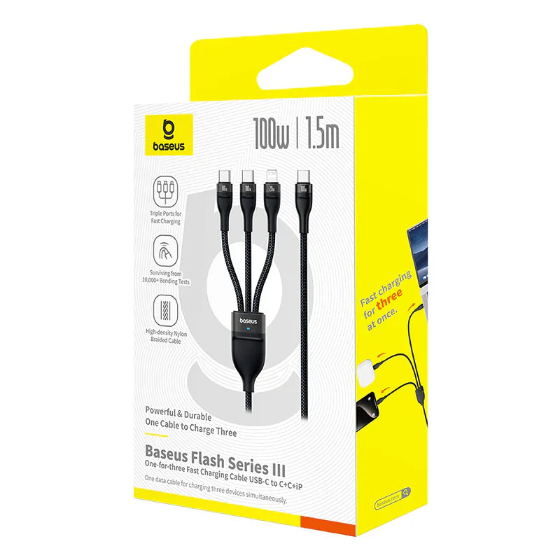 Baseus Flash Series 3 One-for-three Fast Charging Cable Type-C to C+C+L 100W 1.5m Cluster Black