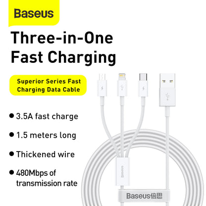 Baseus Superior Series Fast Charging Data Cable USB to M+L+C 3.5A