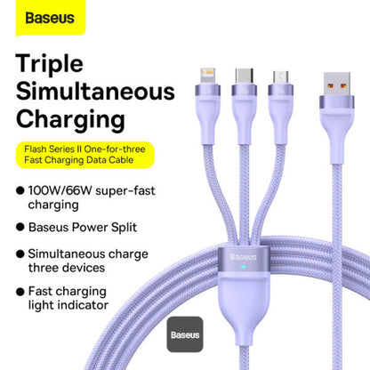 Baseus Flash Series Ⅱ One for three Fast Charging Data Cable USB to M+L+C 100W 1.2m