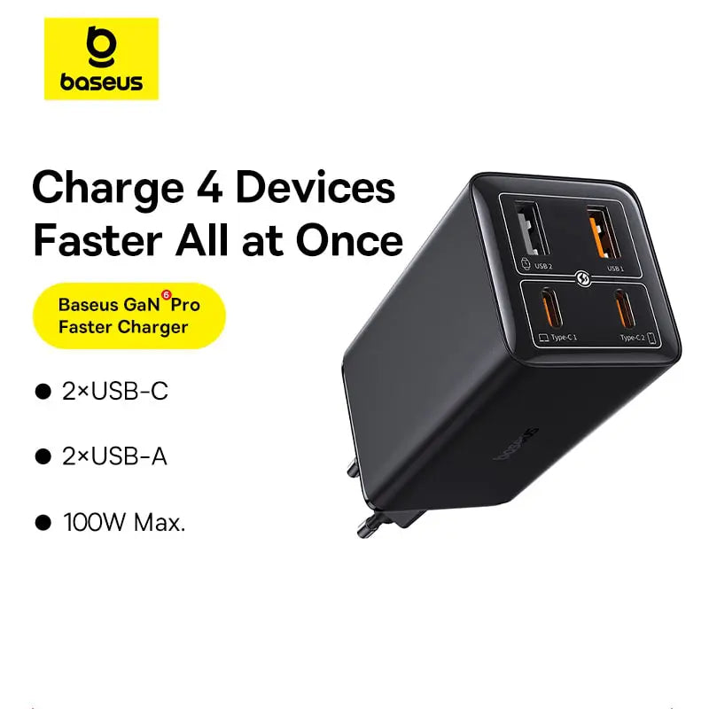 Baseus GaN6 Pro Fast Charger 2C+2U 100W US (With:Mini White Cable Type-C to Type-C100W(20V/5A) 1m