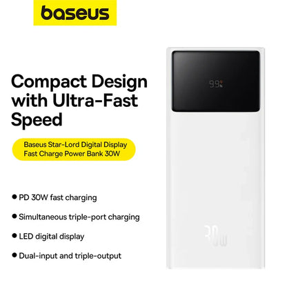 Baseus Star-Lord Digital Display Fast Charging Power Bank 30000mAh 30W (With Simple Series Charging Cable USB to Type-C 3A 0.3m Black）