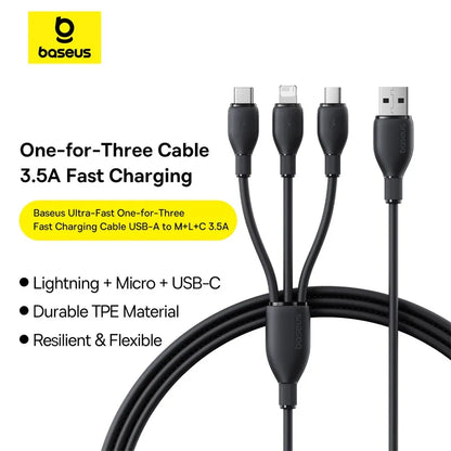 Baseus Ultra-Fast 3 in 1 Fast Charging Cable USB to Micro USB Lightning USB-C 3.5A 1.3m