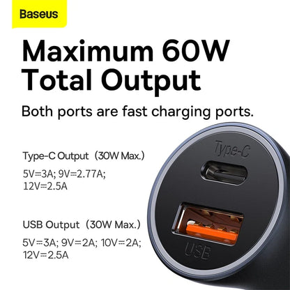 Baseus Golden Contactor Max Dual Fast Charger Car Charger U+C 60W