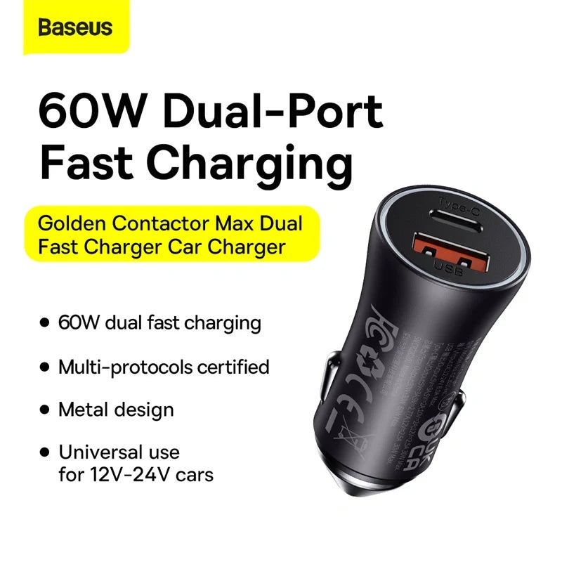 Baseus Golden Contactor Max Dual Fast Charger Car Charger U+C 60W
