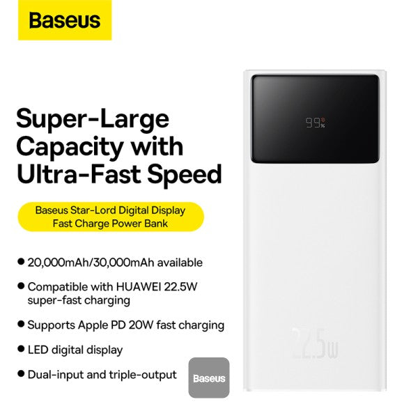 Baseus Star-Lord Digital Display Fast Charging Power Bank 20000mAh 22.5W (With Simple Series Charging Cable USB to Type-C 3A 0.3m ）