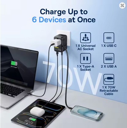 Baseus EnerCore CG11 Universal Travel Adapter with Retractable Cable 2AC+2U+2C 70W
