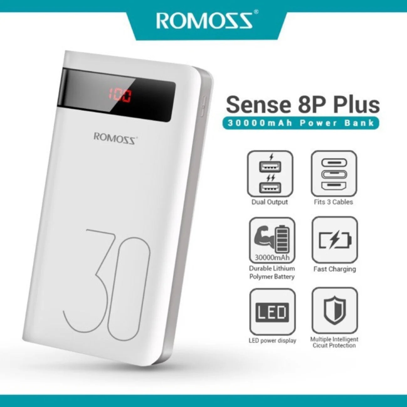 ROMOSS Sense 8P+ 30000mAh Power Bank – 18W Fast Charging | Triple Input & Output | LED Display