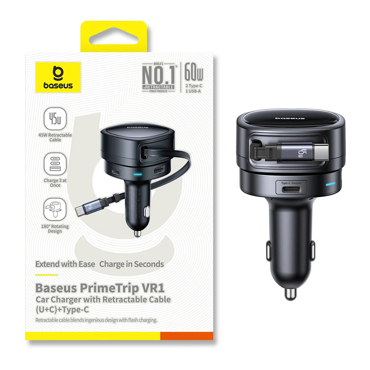 Baseus PrimeTrip VR1 60W USB-A USB-C Car Charger with Retractable USB-C Cable