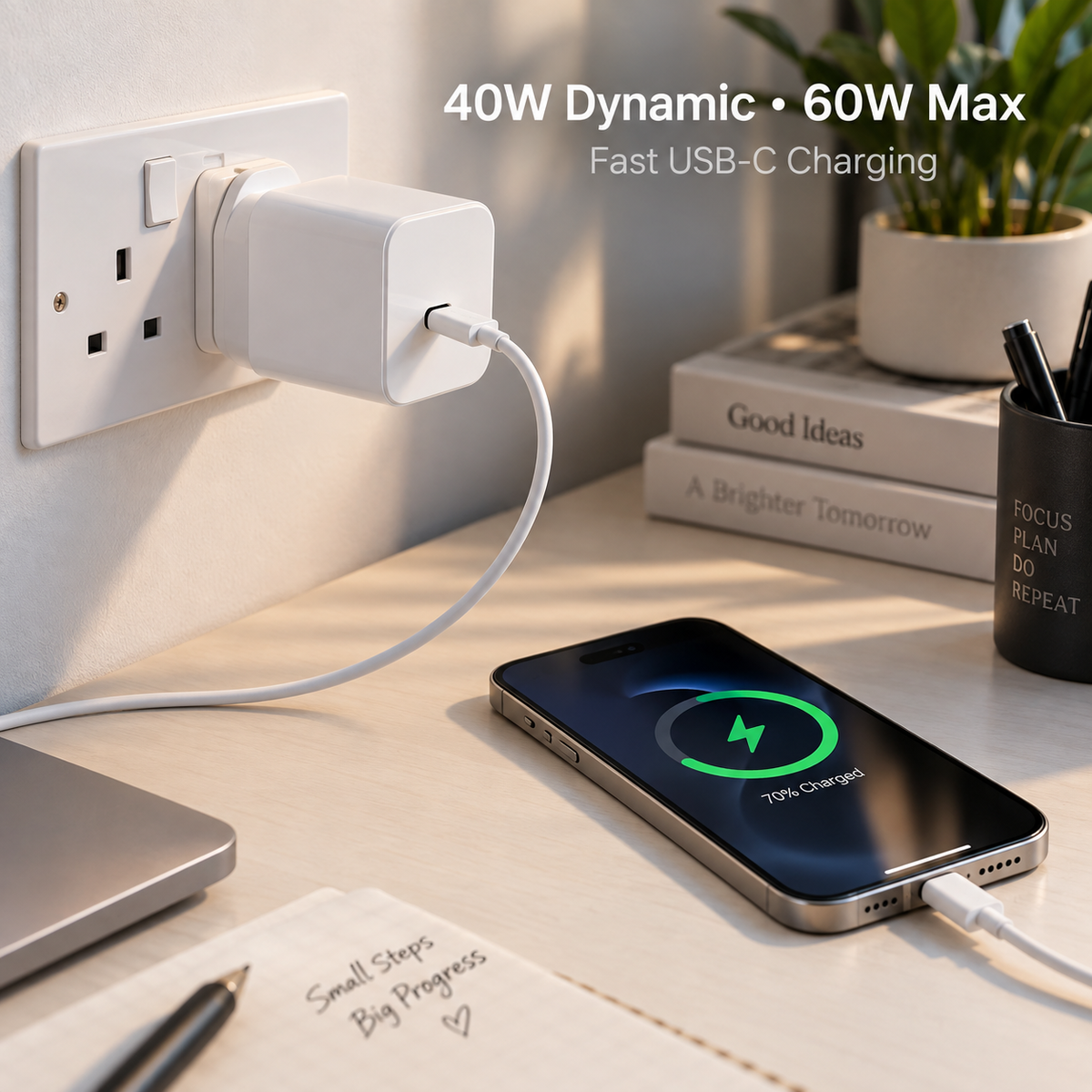 40W Dynamic 60W Max USB-C fast charger compatible with iPhone charging a smartphone