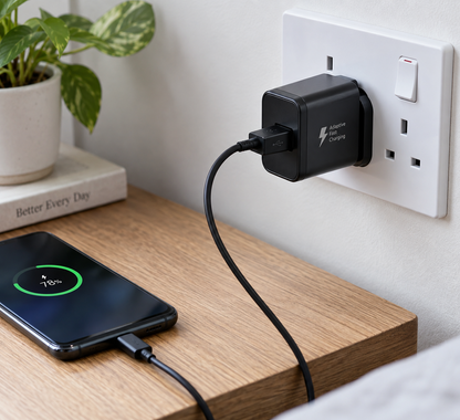 15W AFC fast charger compatible with Samsung Galaxy phones charging a smartphone