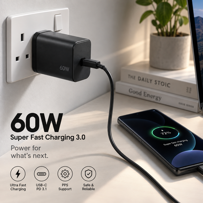 60W fast USB-C charger compatible with Samsung Galaxy devices - charging lifestyle image